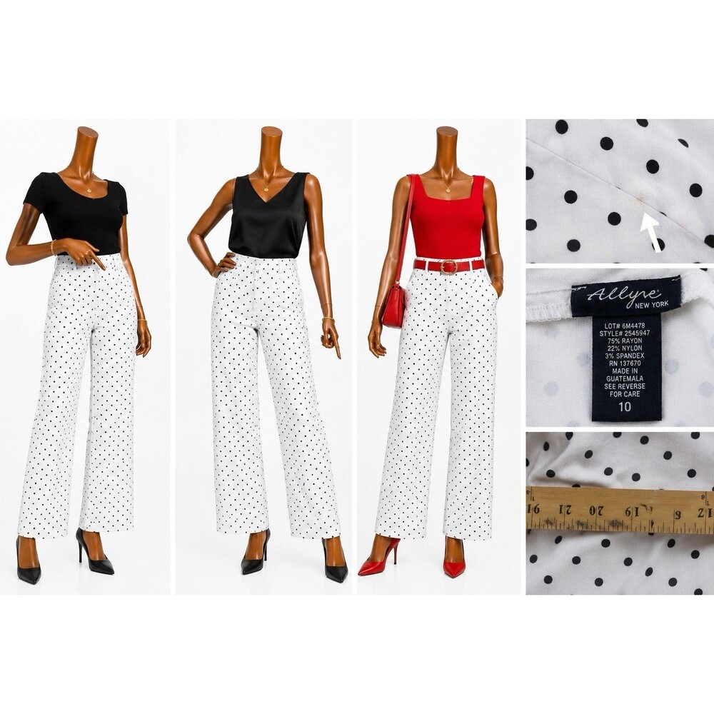 Alley New York Womens Size10 white Black Polka Dot Pants High Rise Straight Leg